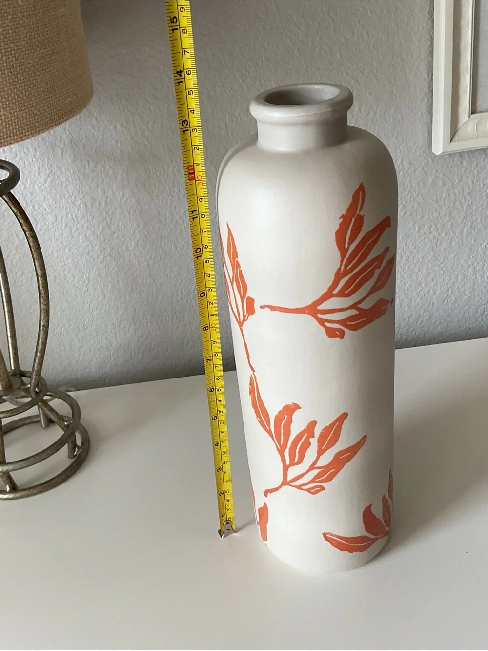 Cream Ceramic Vase with Orange Leaf Motif, made in Portugal